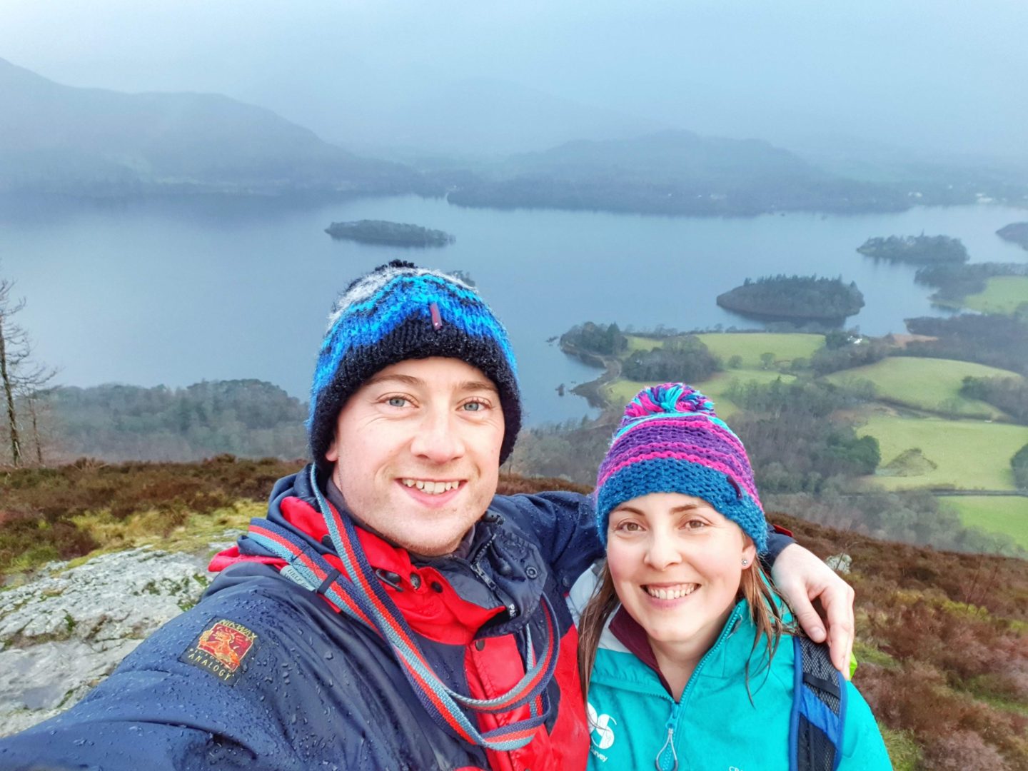 Couples selfie on top of Walla Crag with views across Derwent Water in the Lake District