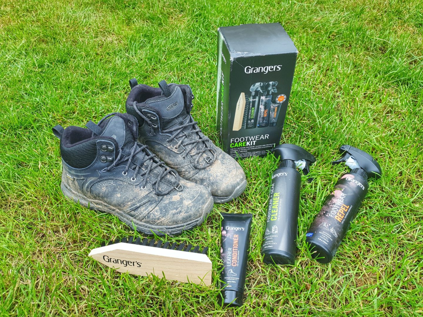 Grangers Footwear Care Kit and muddy boots