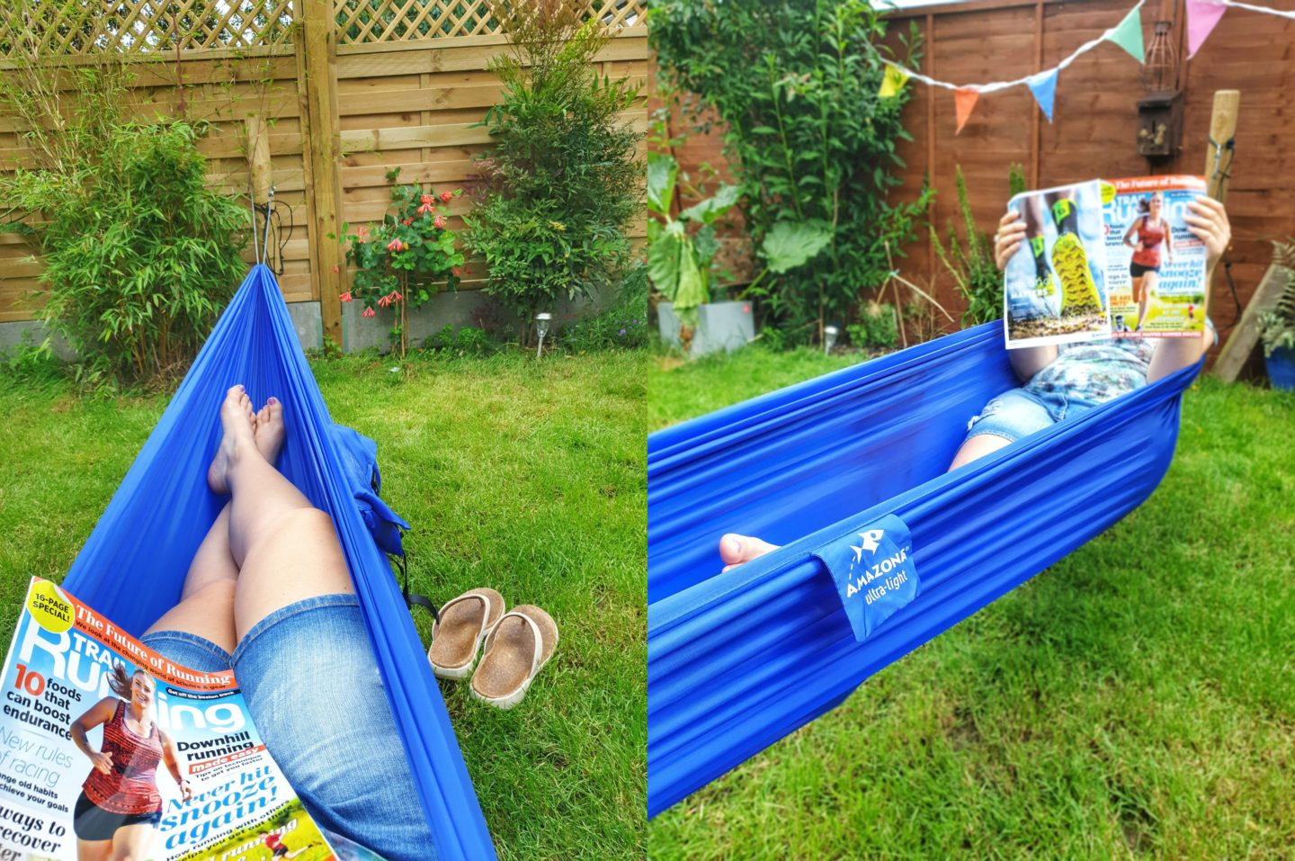 Reading a magazine in a blue hammock