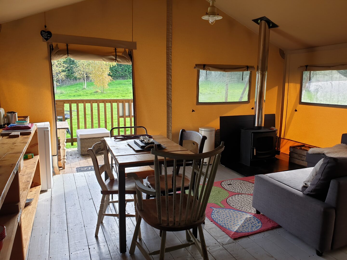 The inside of our glamping tent at Drovers Rest