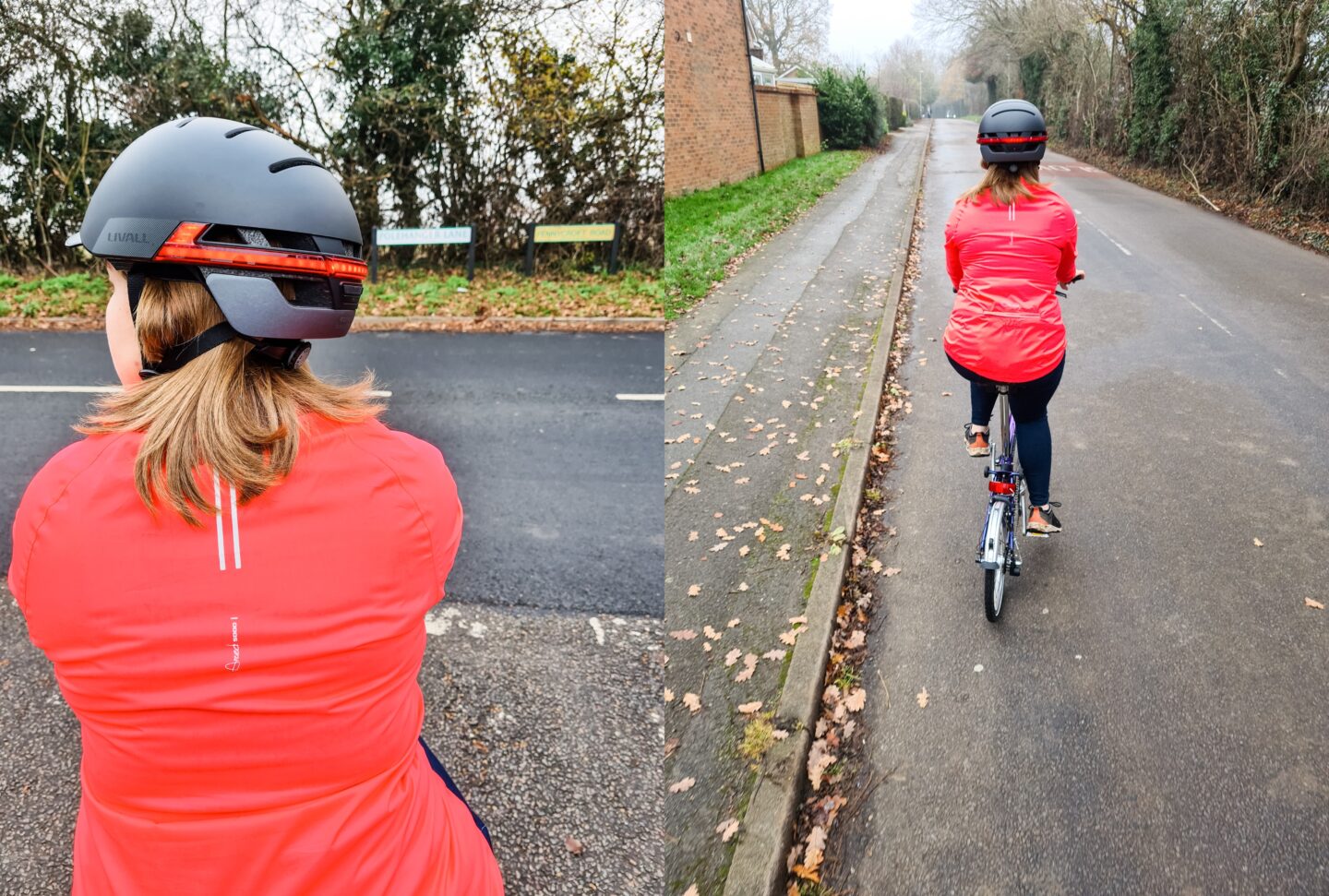 Collage of two images - left shows a woman in pink cycling jacket and helmet at a junction, right shows a woman in pink cycling jacket and helmet riding away down the road