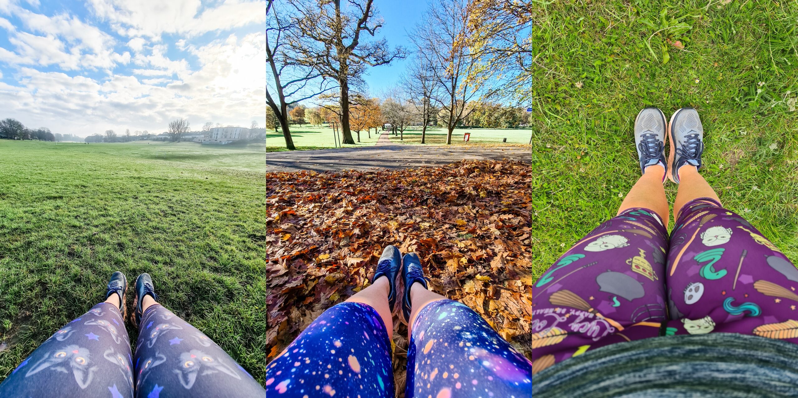 Collage of 3 images showing legs and feet wearing different coloured and patterned running leggings