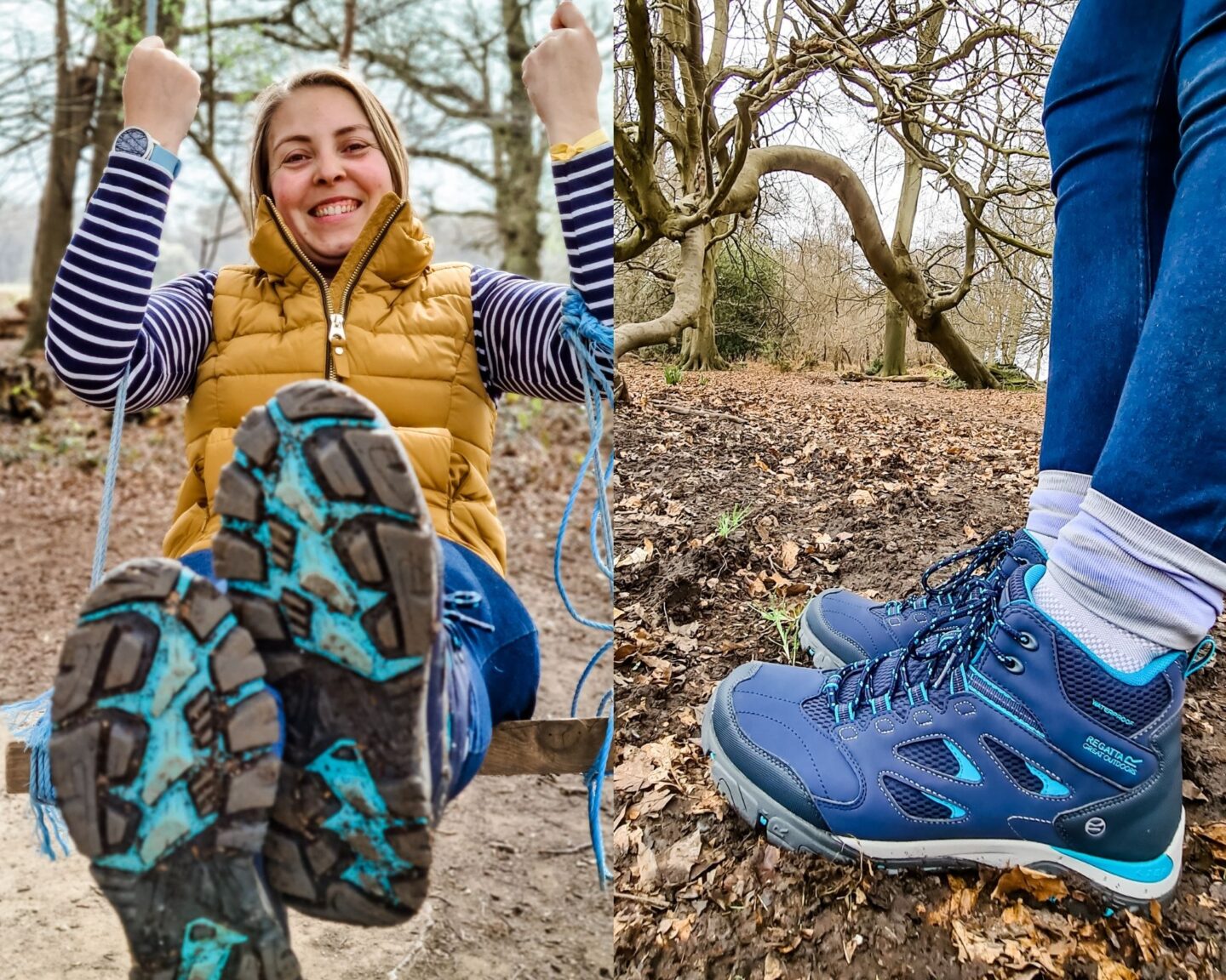 Collage of images showing hiking boots