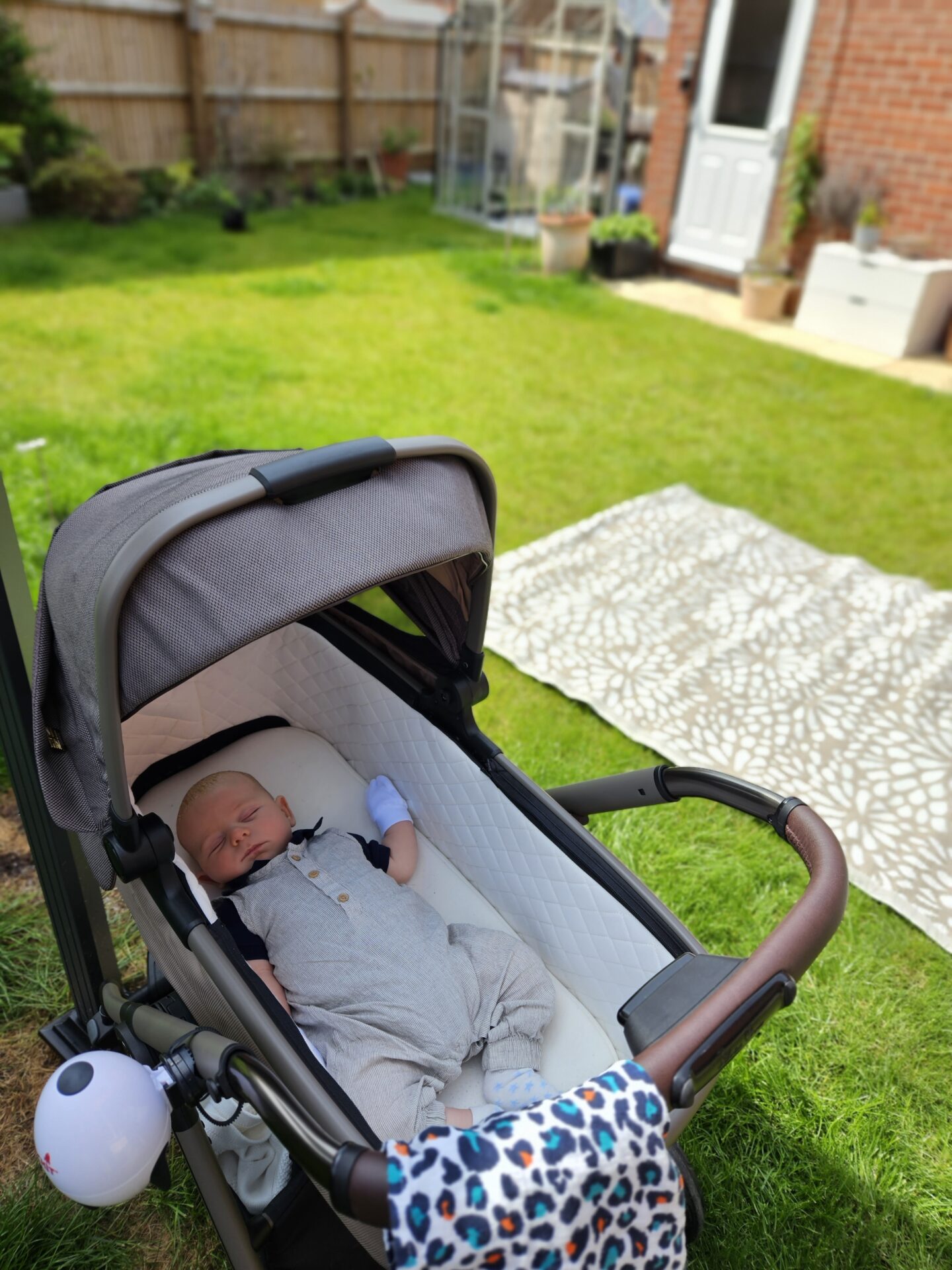 baby sleeping in a pram in a garden with green grass in the background 