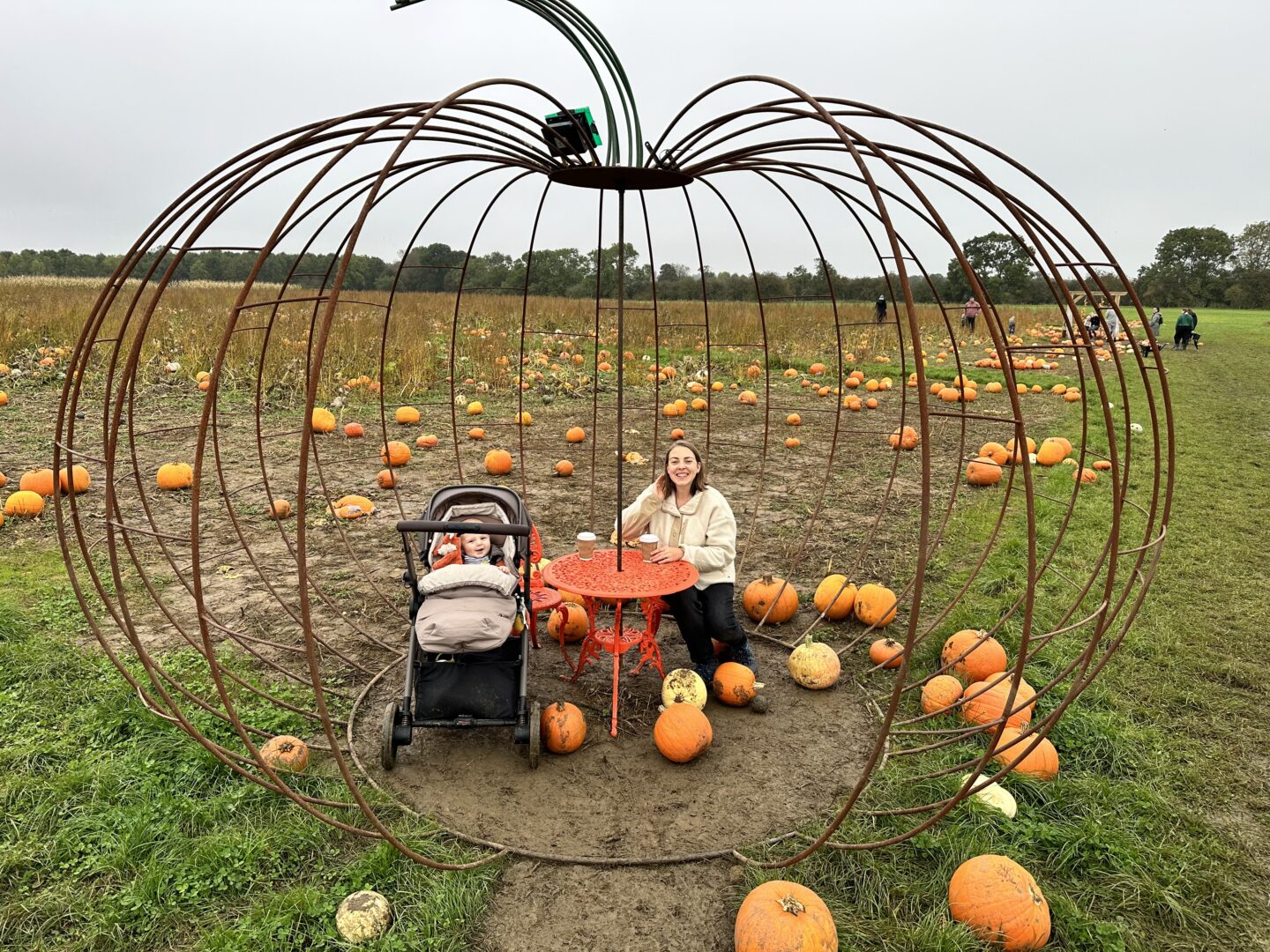 woman in a white fleece sits at an orange table in the middle of a field. A pushchair with a baby is parked next to her and a large wire sculpture of a pumpkin sits over them. 