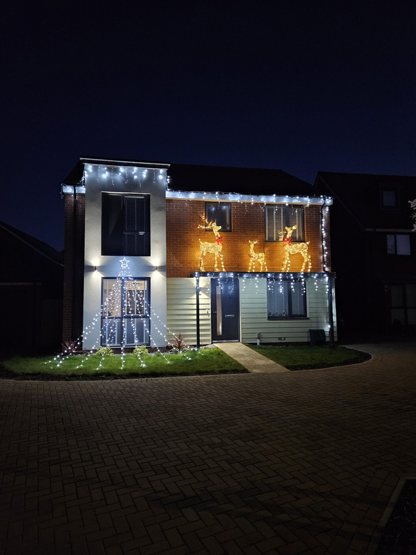 Christmas lights on a house. Three light up reindeer stand on the roof. 